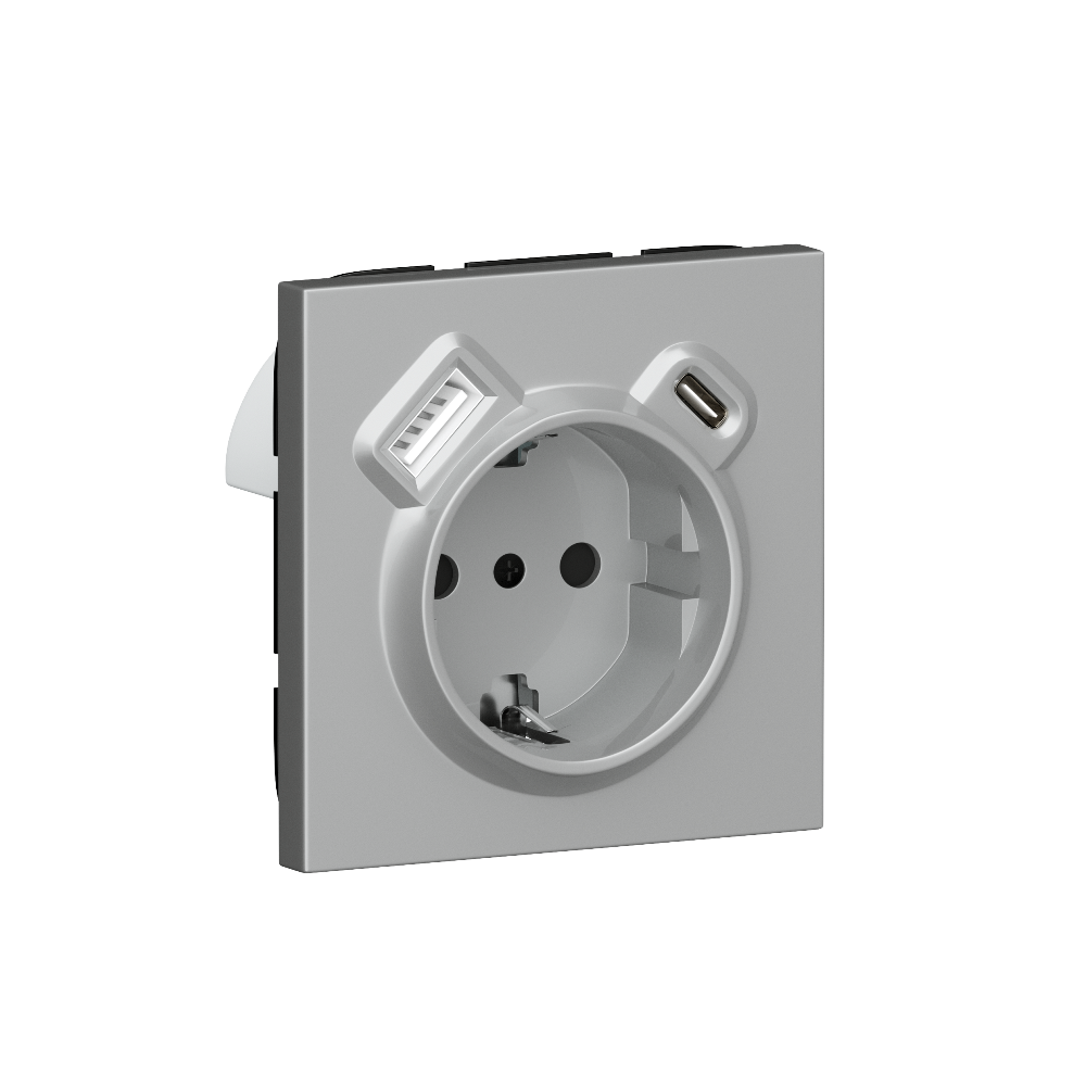 Розетка встраиваемая Donel R98 с заземлением и шторками + зарядка USB A+C 20W Алюминий матовый DA15500-DA22226