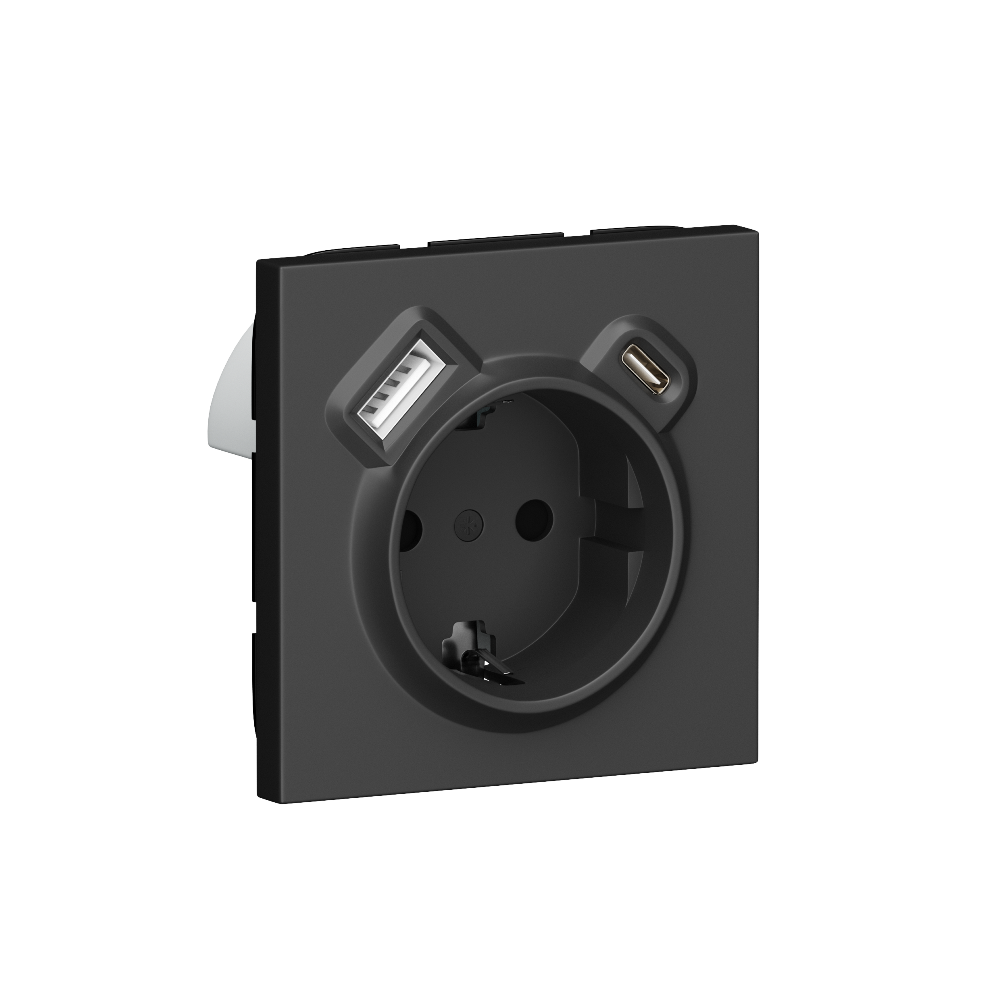 Розетка встраиваемая Donel R98 с заземлением и шторками + зарядка USB A+C 20W Черный матовый DA15500-DA22228
