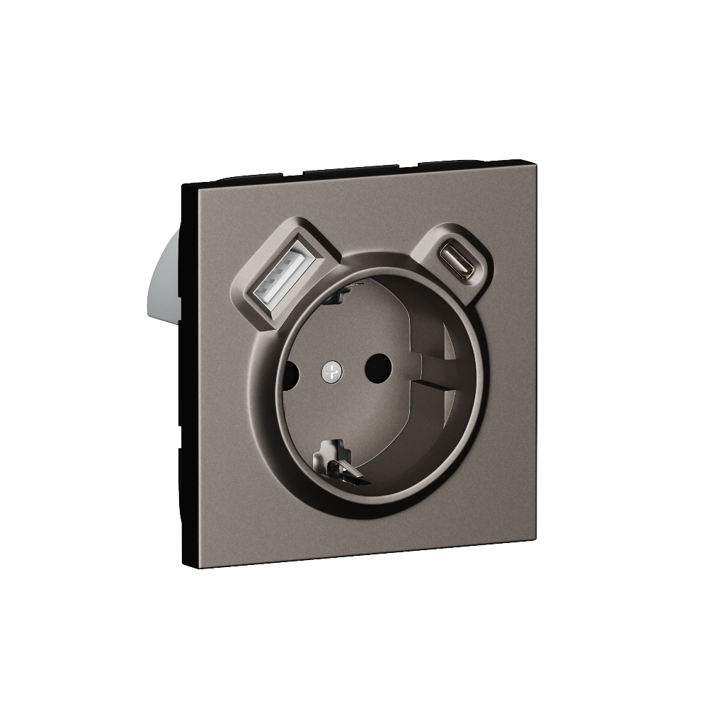 Розетка встраиваемая Donel R98 с заземлением и шторками + зарядка USB A+C 20W Сталь матовая DA15500-DA22237