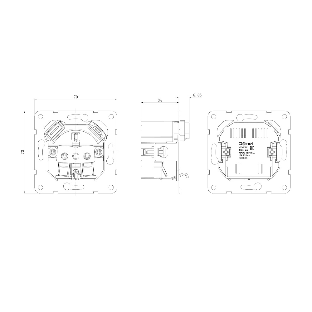 Розетка встраиваемая Donel R98 с заземлением и шторками + зарядка USB A+C 20W Серый матовый DA15500-DA22240 — изображение 3
