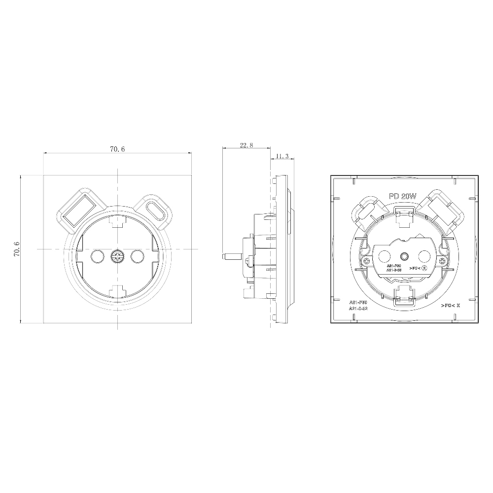 Розетка встраиваемая Donel R98 с заземлением и шторками + зарядка USB A+C 20W Серый матовый DA15500-DA22240 — изображение 7