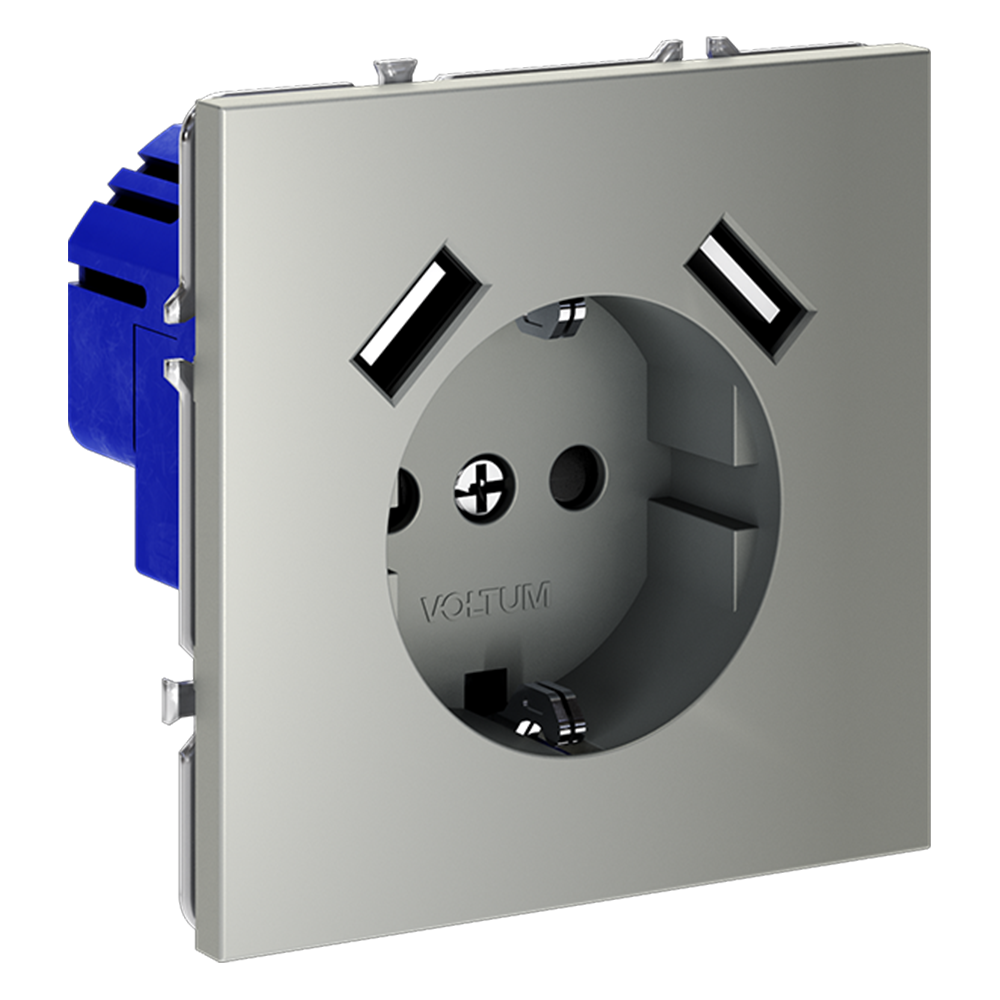 Розетка встраиваемая Voltum S70 с заземлением, шторками и USB A+A Сталь VLS040405 — изображение 2