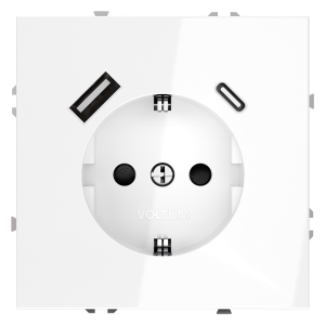 Розетка встраиваемая Voltum S70 с заземлением, шторками и USB A+C Белый Глянцевый VLS040501