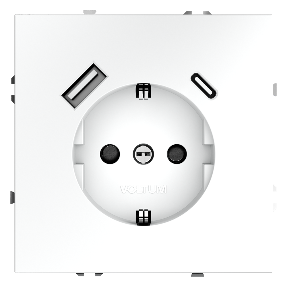 Розетка встраиваемая Voltum S70 с заземлением, шторками и USB A+C Белый матовый VLS040502