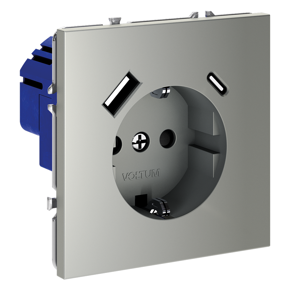 Розетка встраиваемая Voltum S70 с заземлением, шторками и USB A+C Сталь VLS040505 — изображение 2